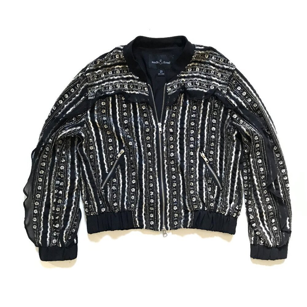 Needle & Thread Bomber Jacket Coat Womens 4 Small Black Silver Zip Up Sequins